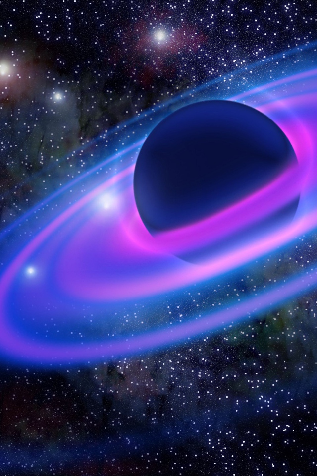 Большая планета с неоновыми кольцами в звездном небе 