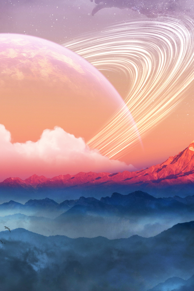 Фантастическое небо с планетами над заснеженными горами