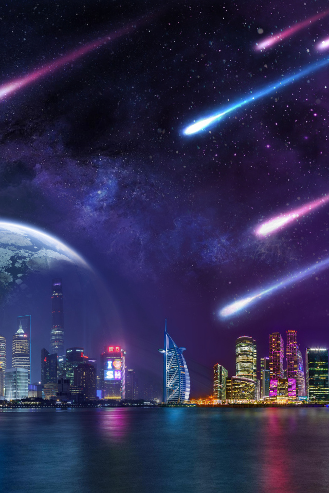 Meteorites in the sky with planets set on a megalopolis at night
