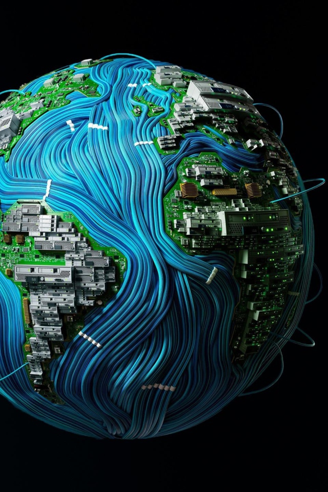 Планета земля окутана проводами на черном фоне