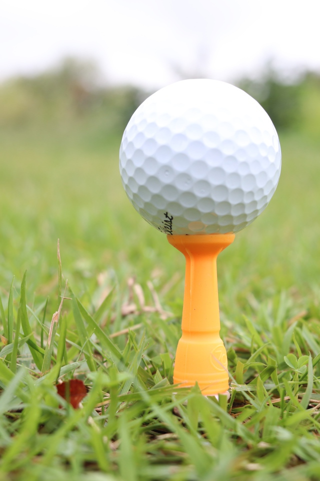 Мячик для гольфа на поле с зеленой травой 