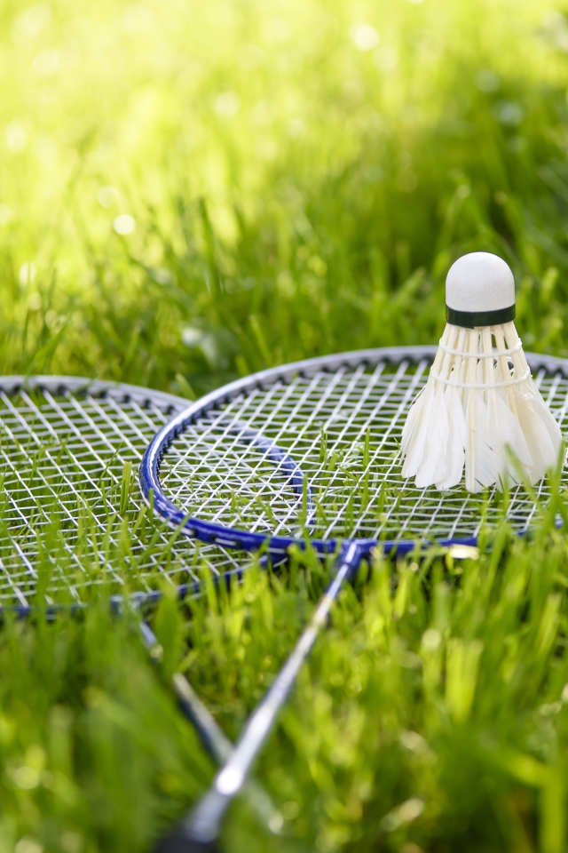 Воланчик и ракетки для игры в бадминтон на зеленой траве