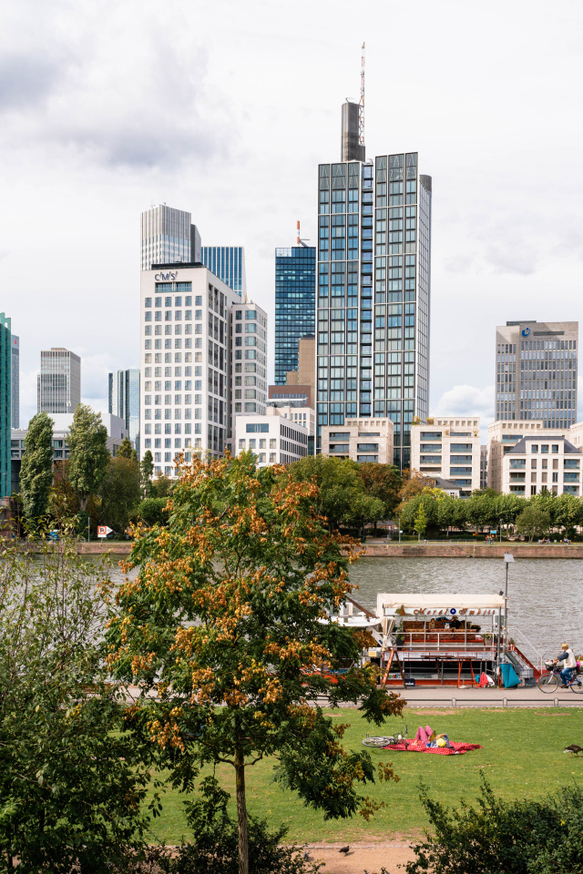 Красивый вид на небоскребы у реки, Германия 