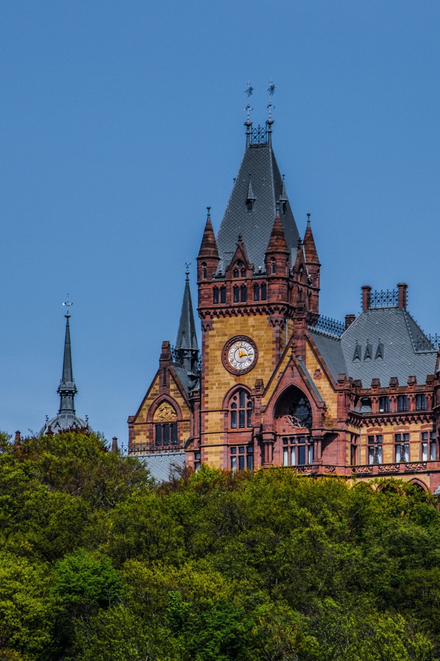 Замок Драхенбург в зарослях деревьев под голубым небом