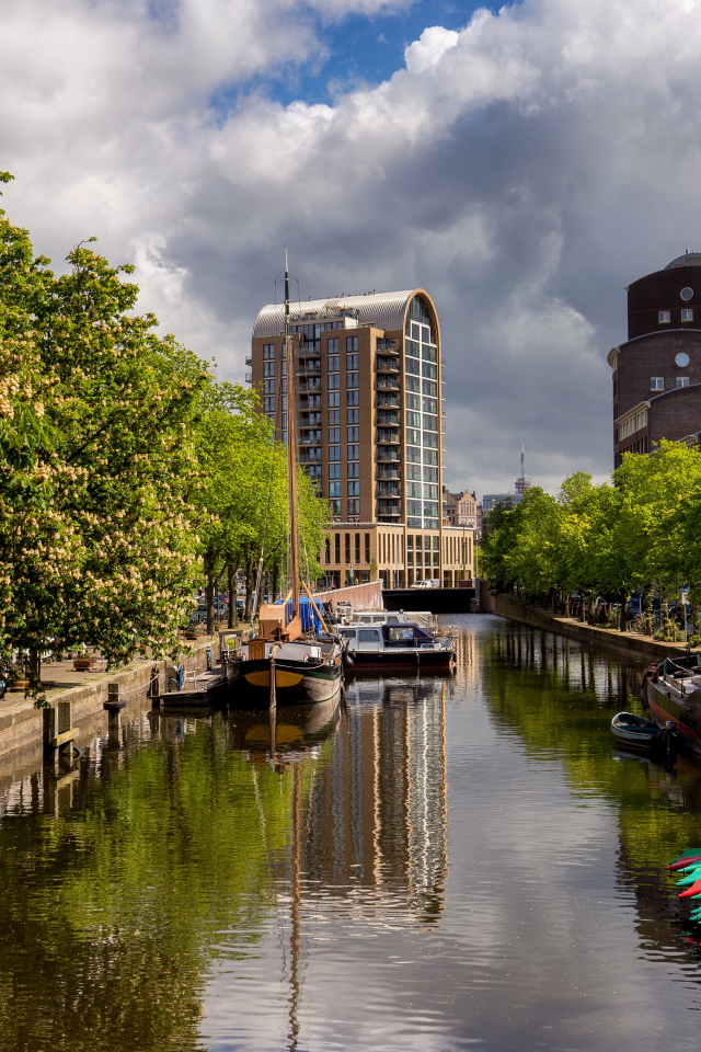 Водный канал в городе с цветущими каштанами, Нидерланды 
