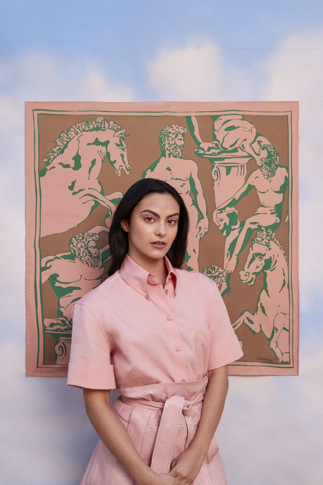 Актриса Камила Мендес в розовом платье на фоне картины 