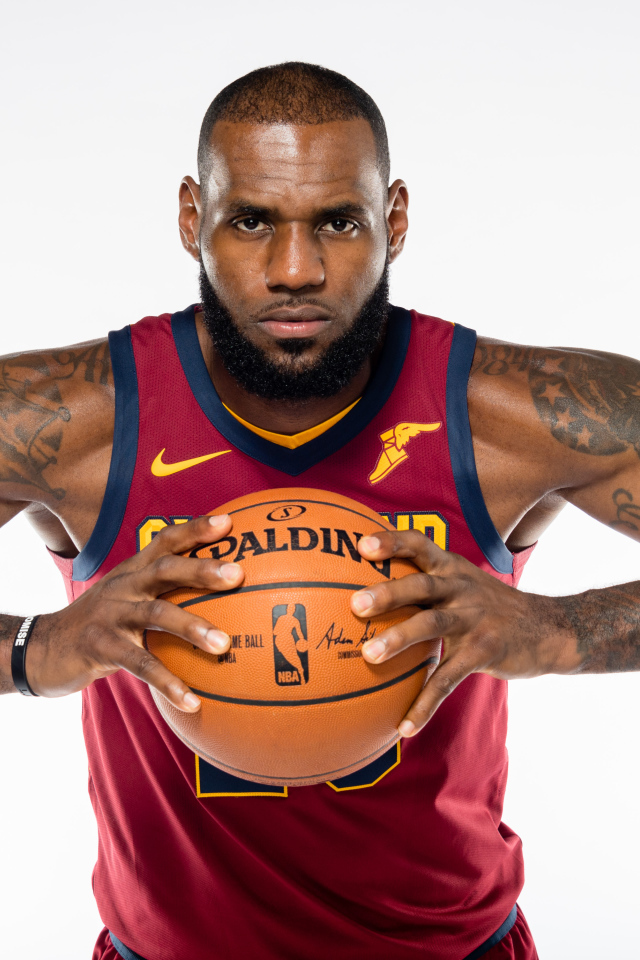 Баскетболист Леброн Джеймс с мячом в руках на сером фоне