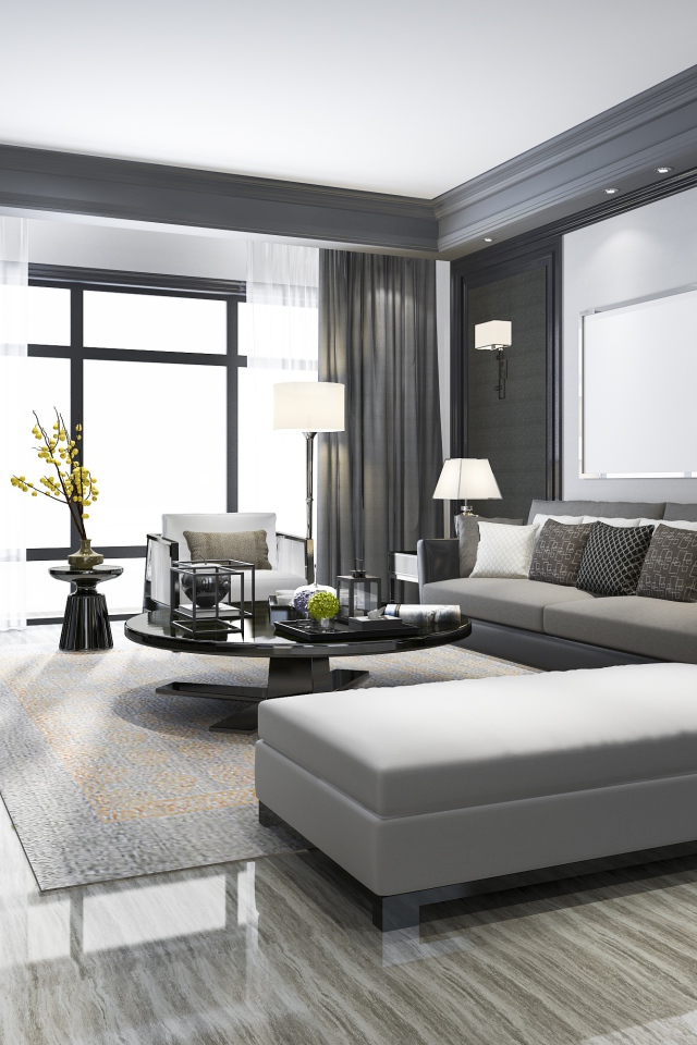 Серая мебель в гостиной  комнате с большим окном