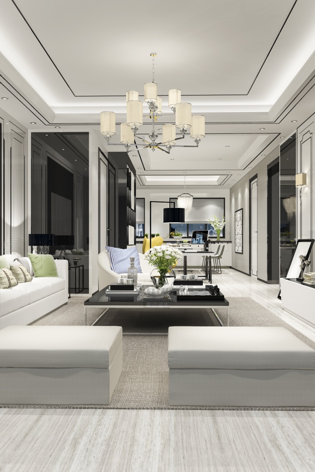 Большая просторная гостиная комната с белой кожаной мебелью