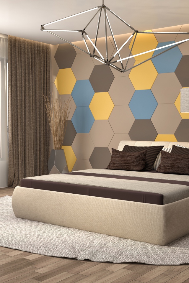 Спальная комната в стиле минимализм с большой кроватью 