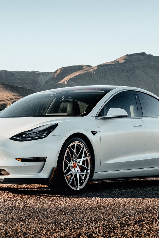 Белый автомобиль Tesla Model 3 Volta 2019 года на фоне гор 