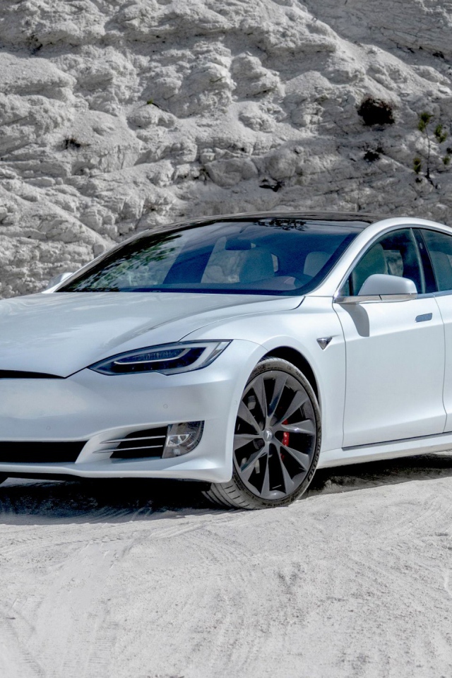 Белый автомобиль  Tesla Model S Performance, 2020 года в горах