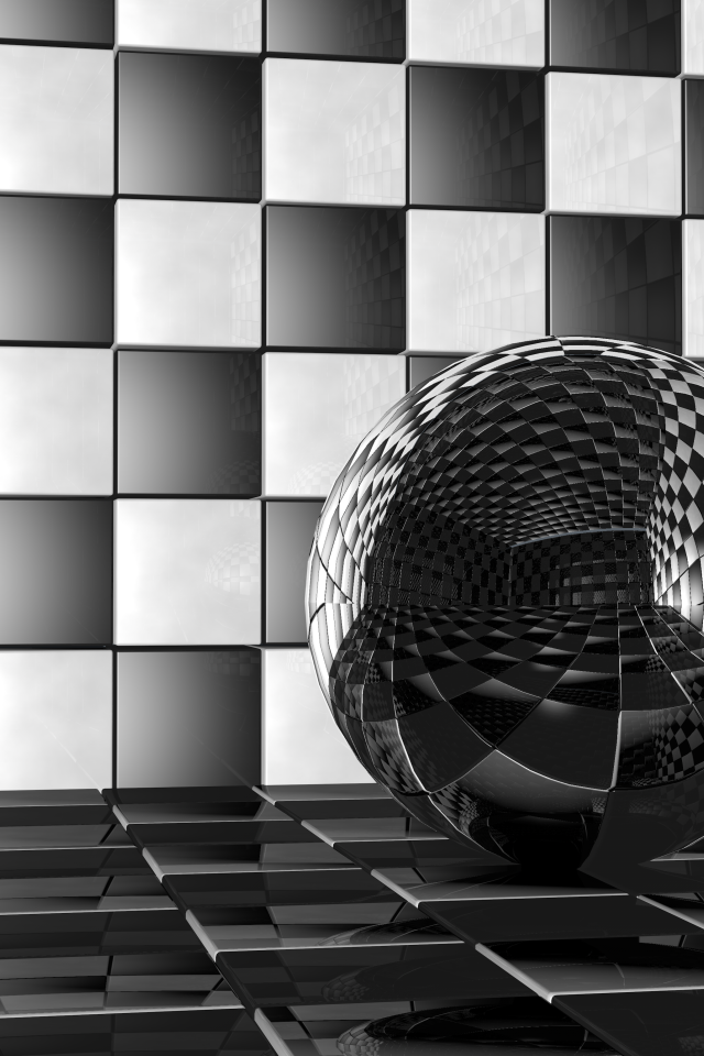 Стеклянный шар в комнате с черно-белыми стенами 3д графика