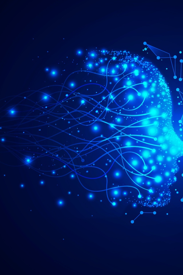 Неоновое лицо с точками на синем фоне 