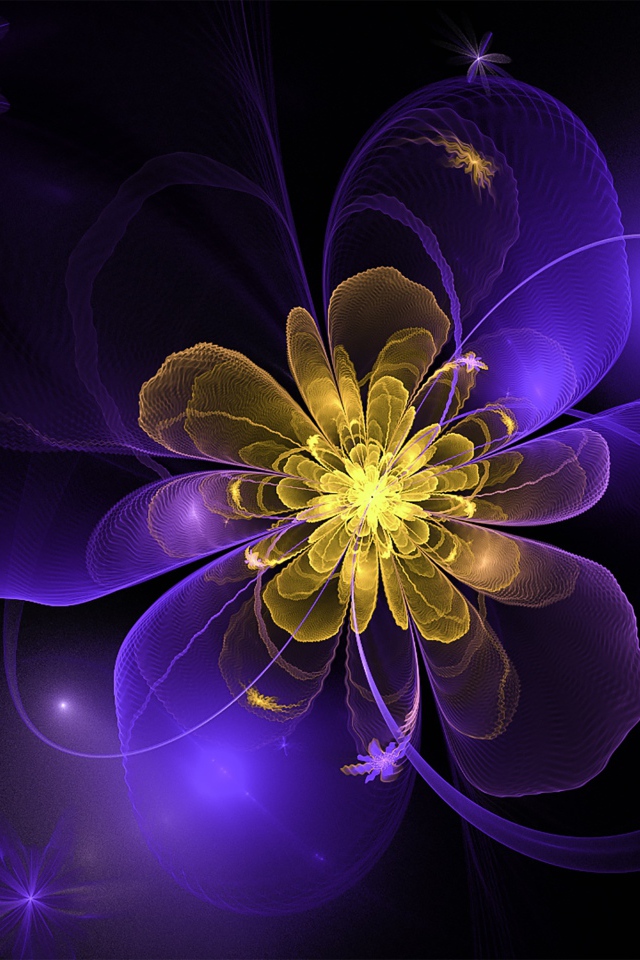 Фиолетовый фрактал с желтой серединой на черном фоне