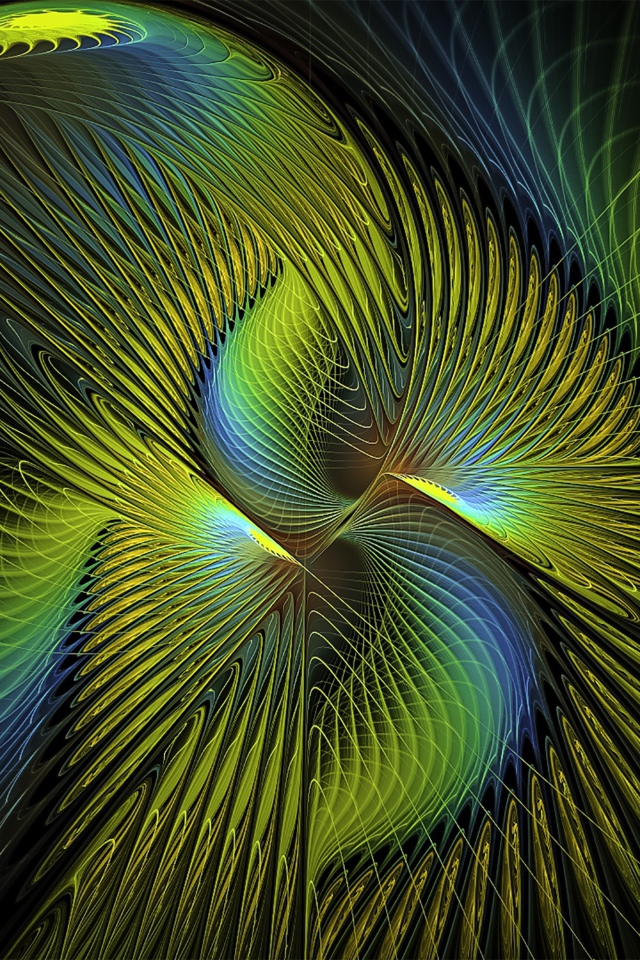 Переливающийся волнистый фрактальный узор на черном фоне