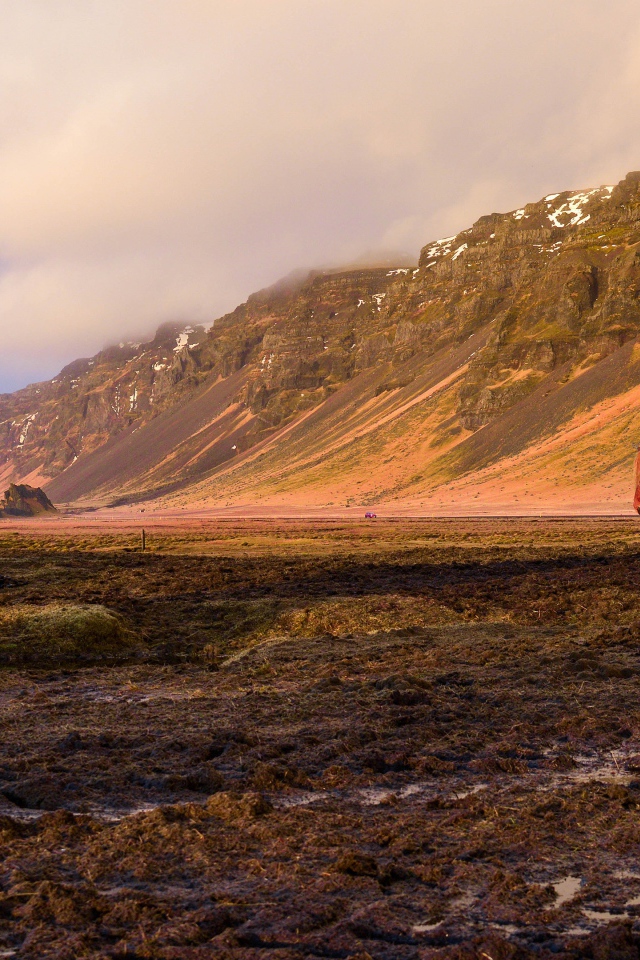 Коричневая лошадь пасется на фоне горы