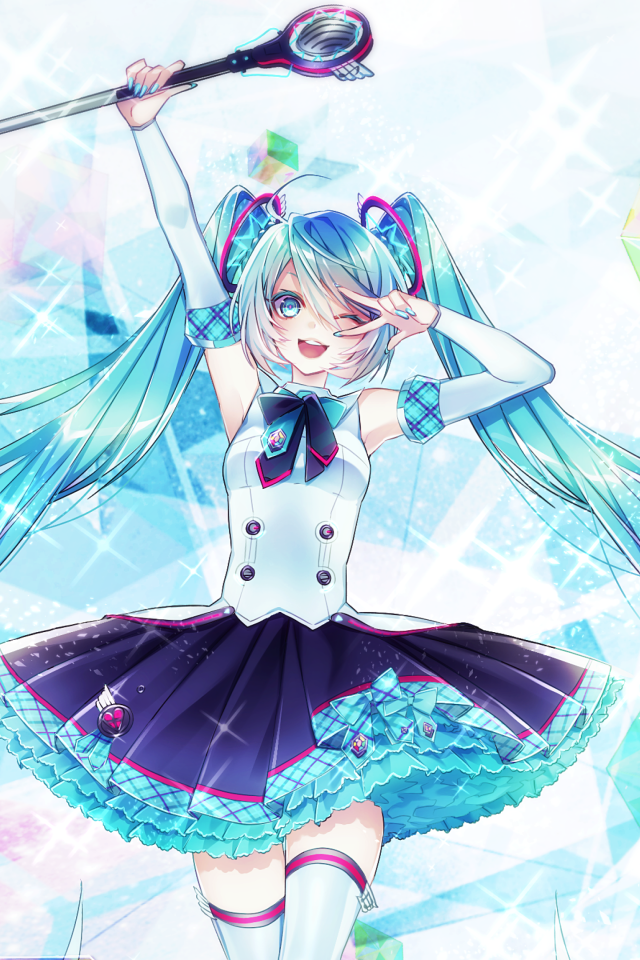 Девушка аниме с голубыми волосами с кристаллами