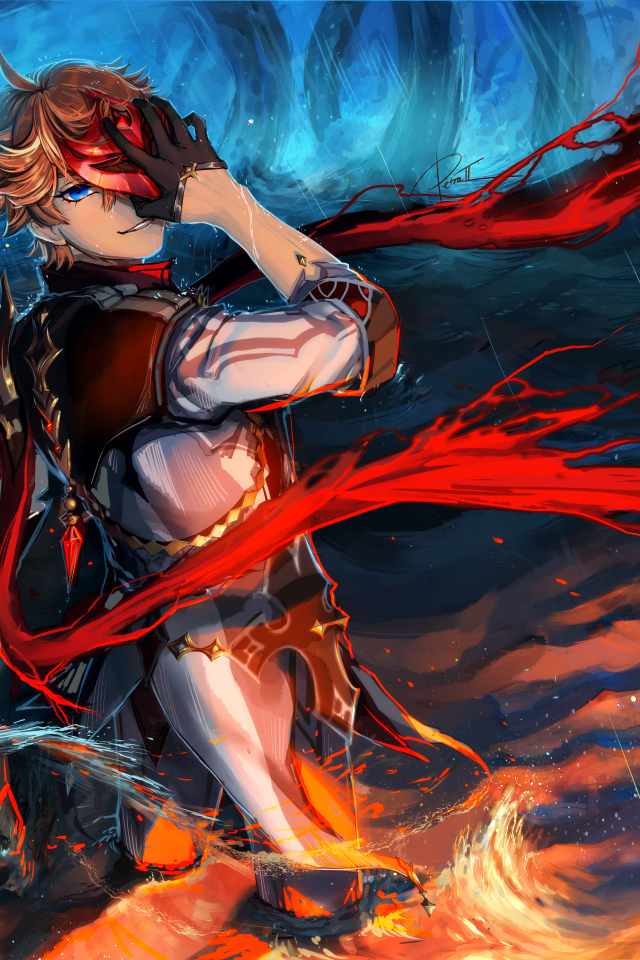 Мужчина аниме закрыл лицо рукой в воде