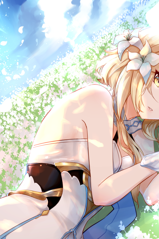 Красивая девушка аниме с цветами в волосах