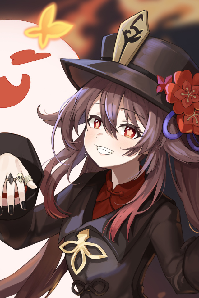 Smiling anime girl in black hat