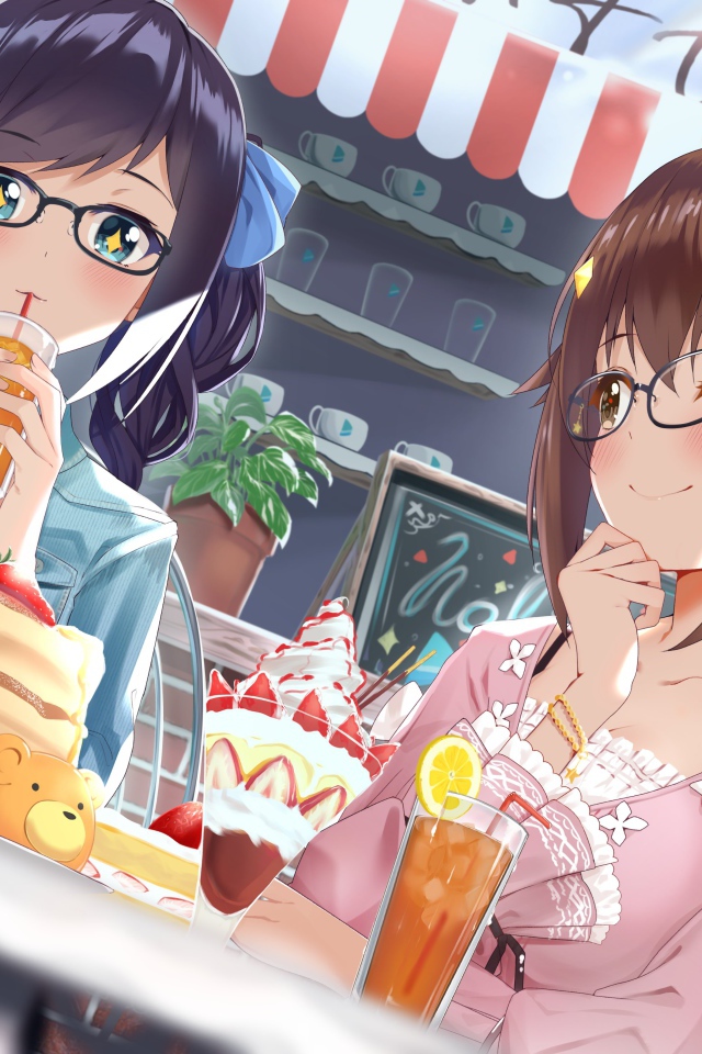 Две девушки сидят в кафе аниме  Виртуальный Ютубер