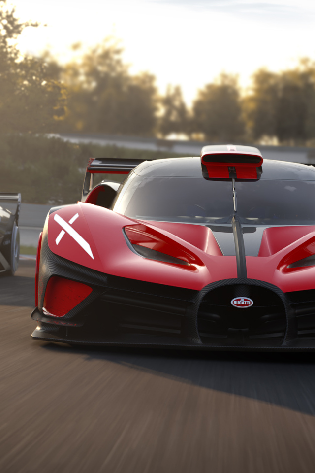 Красный Bugatti Bolide 2022  года на гоночной трассе