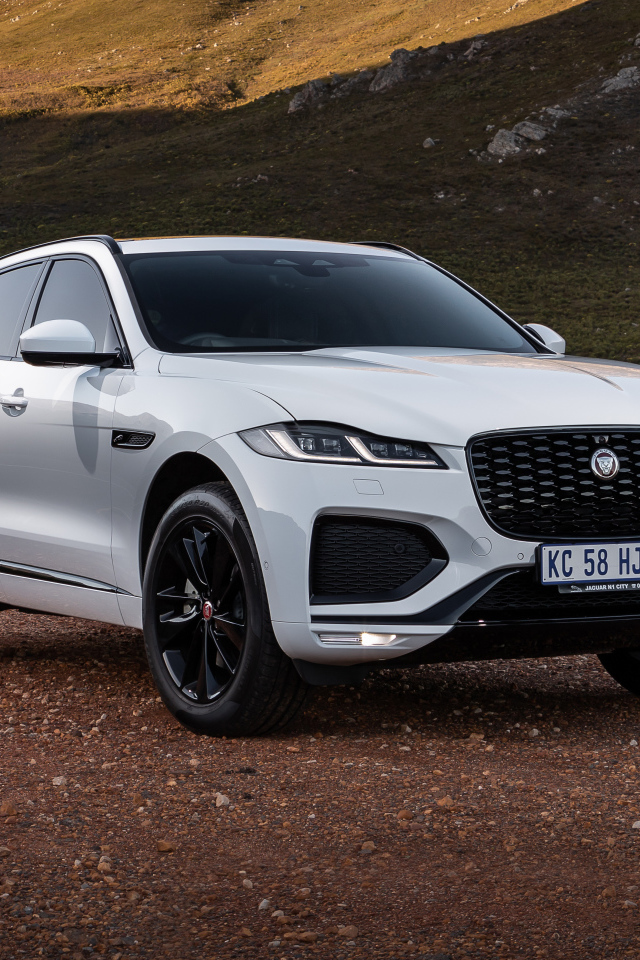 Белый внедорожник Jaguar F-Pace D300 R-Dynamic Black Pack 2021 года в горах