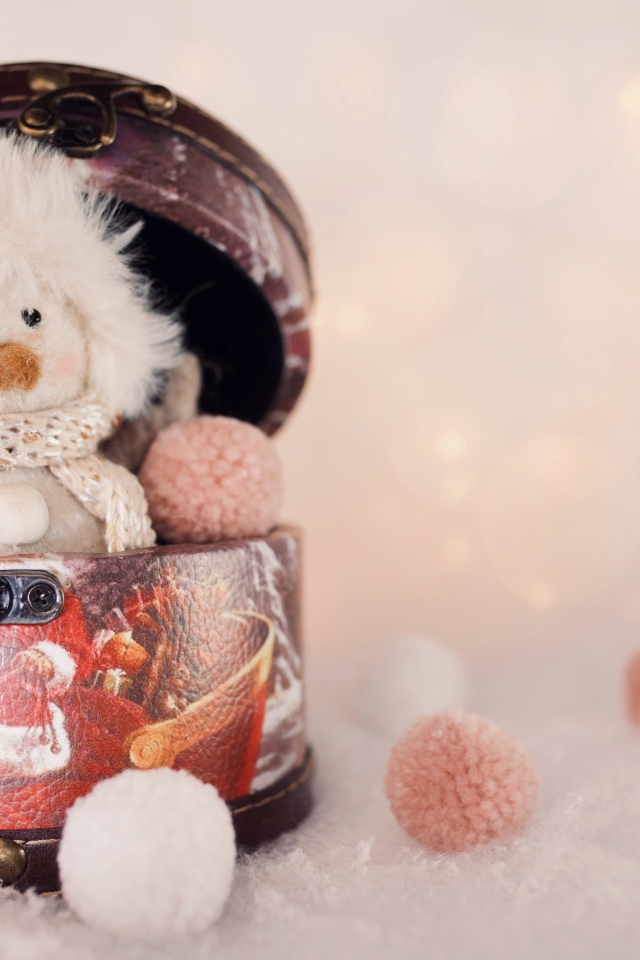 Маленький снеговик сидит в шкатулке 