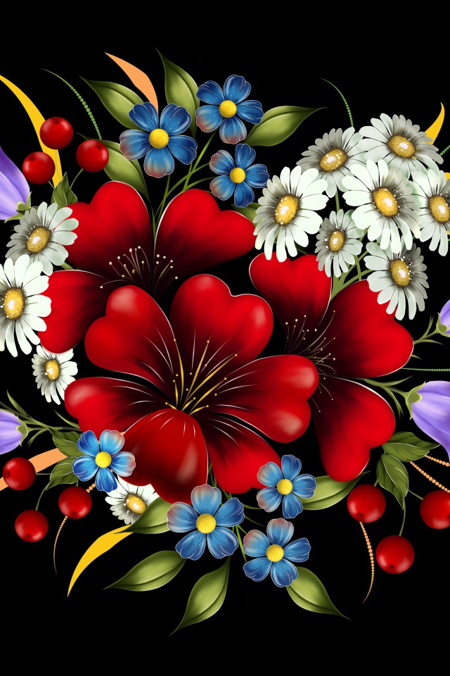 Нарисованные цветы на черном фоне