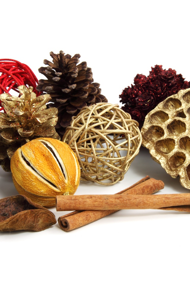 Ароматные специи и шишки на белом фоне 