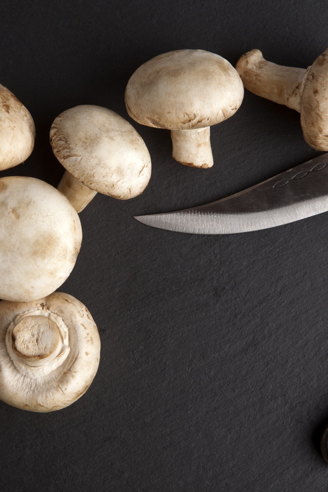 Шампиньоны на сером столе с ножом
