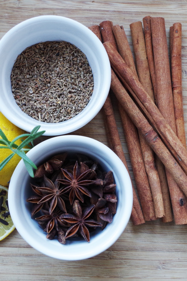 Корица, бадьян, зерна фенхеля и лимон на столе 