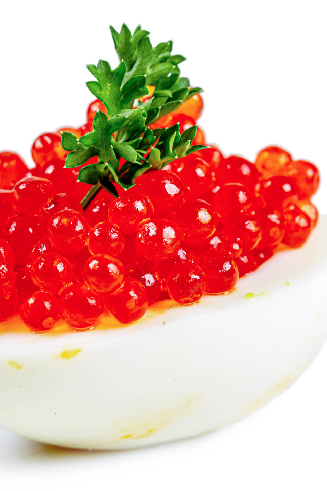 Яйцо фаршированное красной икрой на белом фоне