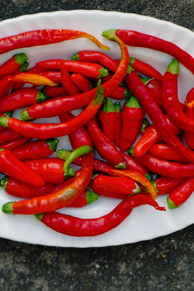 Острый красный перец чили на большой белой тарелке
