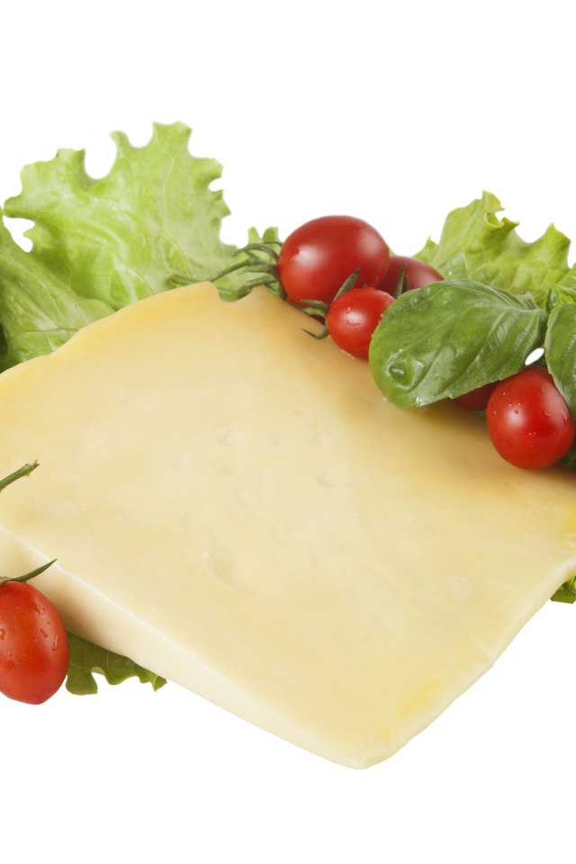 Кусок сыра с помидорами и листьями салата на белом фоне