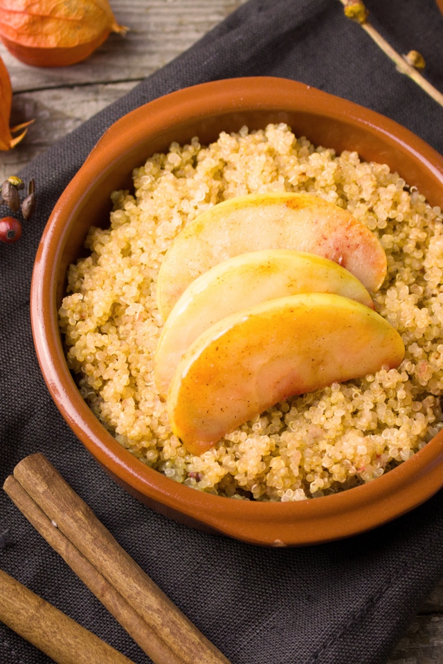 Каша в миске с кусочками яблока