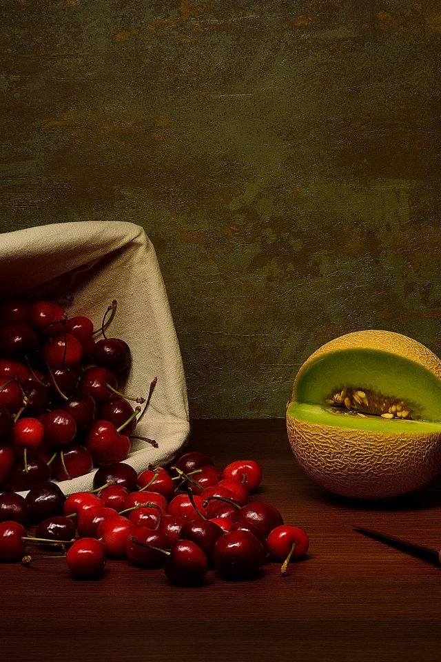 Корзина с черешнями на столе с дыней