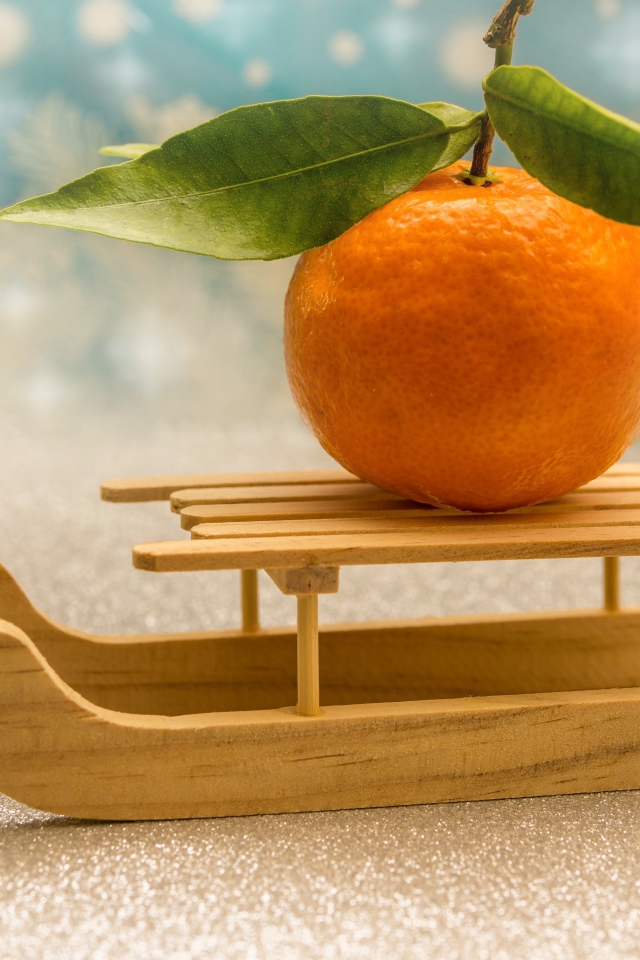 Большой оранжевый мандарин на маленьких санках