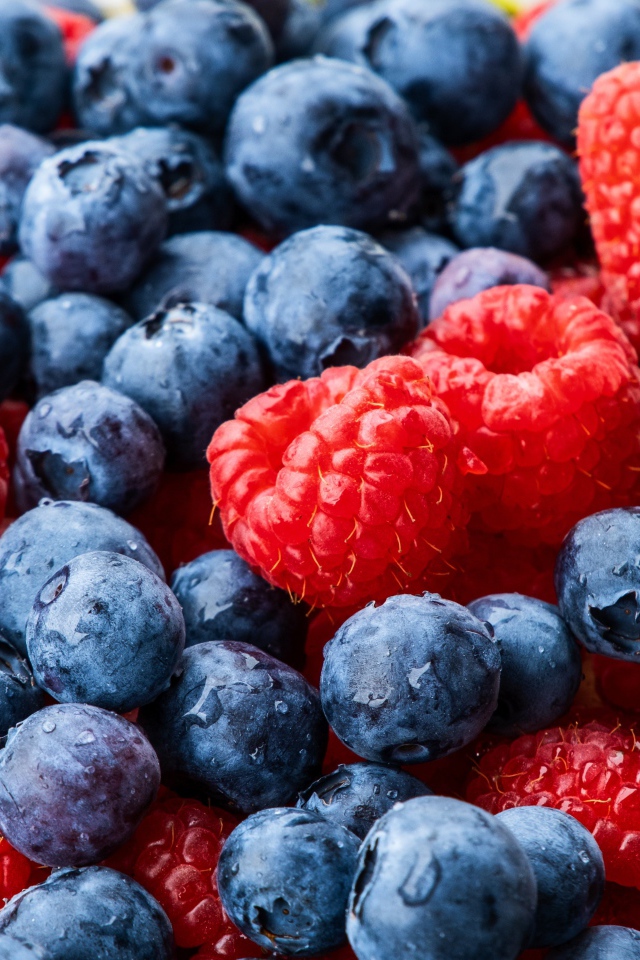 Синие ягоды черники и малины крупным планом