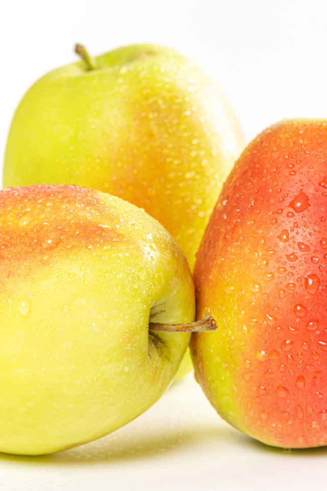 Три мокрых яблока на белом фоне