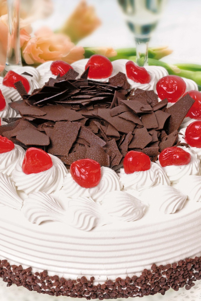 Большой торт с безе и шоколадом украшен вишнями