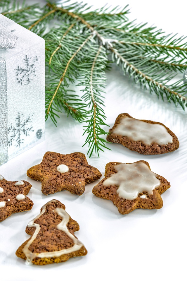 Вкусное печенье с еловой веткой и подарком на белом фоне 