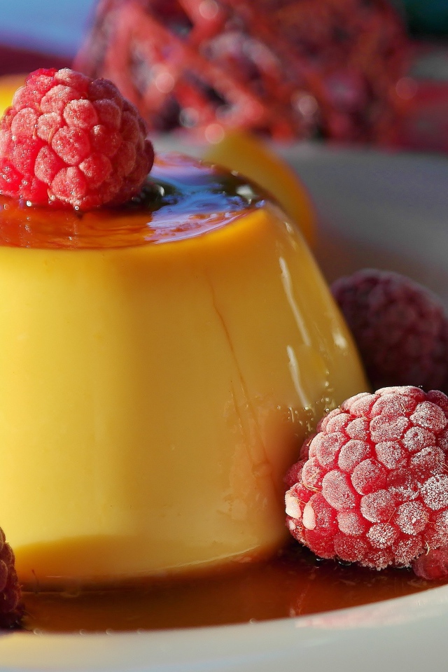 Молочное желе с сиропом и ягодами малины 