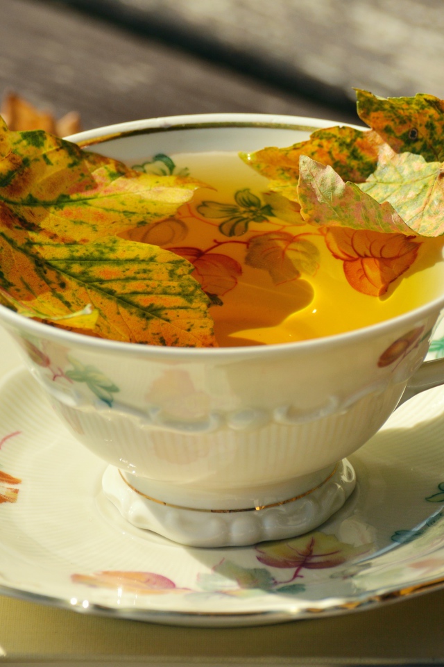 Красивая чашка чая на столе с осенними листьями