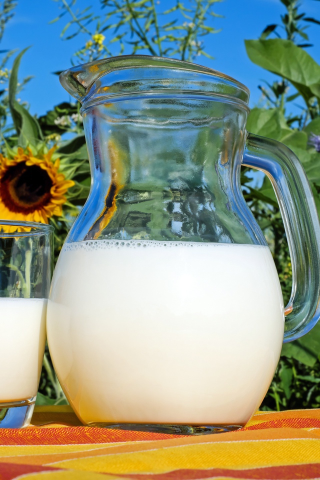 Стеклянный кувшин  молока со стаканом