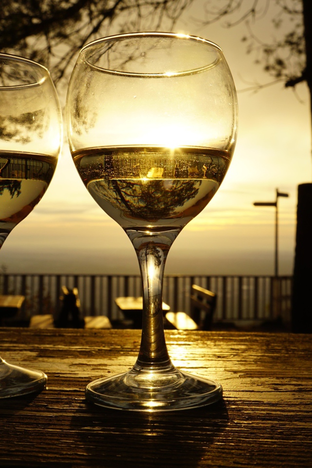 Два бокала белого вина на столе в лучах солнца