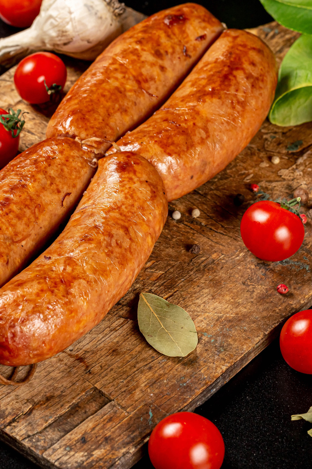 Мясные колбаски на доске с овощами