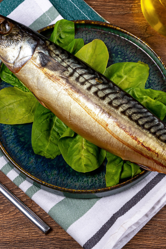 Большая жирная скумбрия на тарелке с базиликом