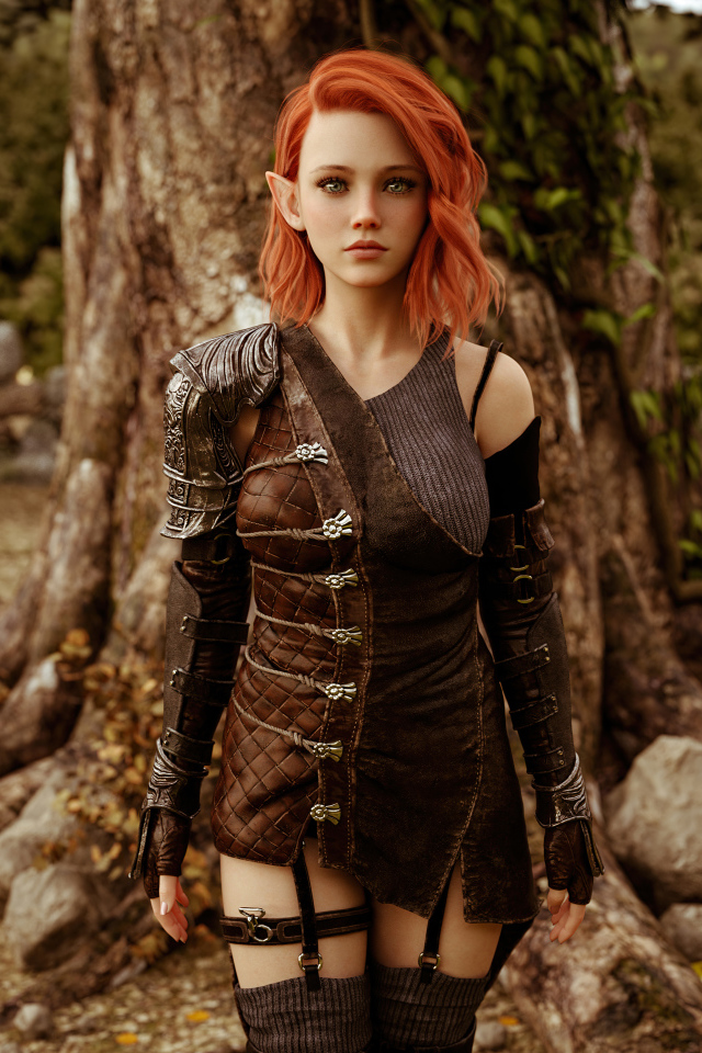 Девушка эльф стоит у дерева косплей